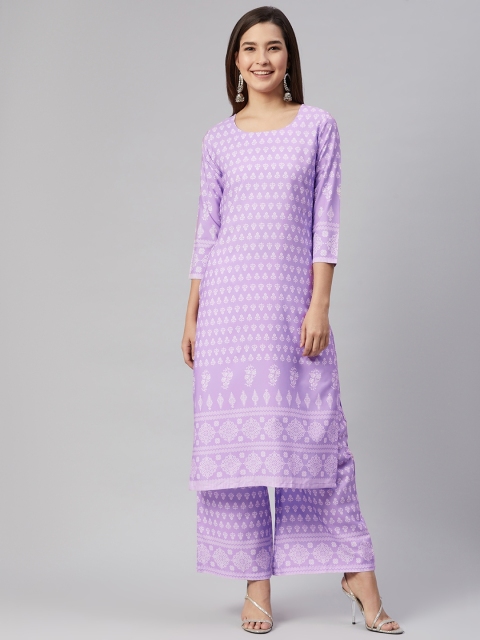 

AHIKA Women Lavender & White Ethnic Motifs Printed Kurta with Palazzos