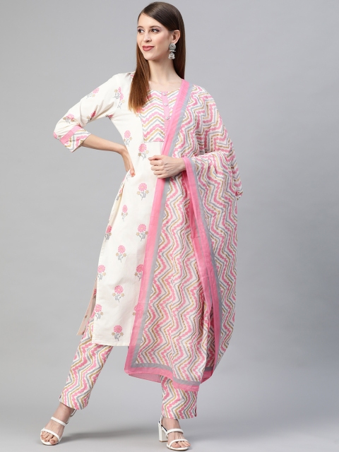 

AHIKA Women White & Pink Ethnic Motifs Print Cotton Kurta with Trousers & Dupatta