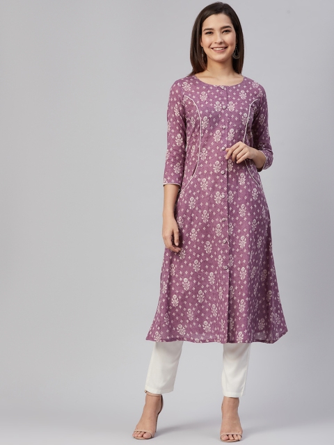 

AHIKA Women Mauve & Cream-Coloured Ethnic Motifs Printed Pure Cotton Kurta