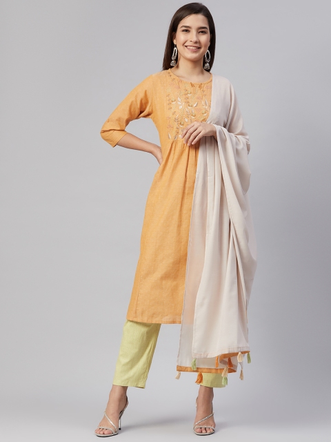 

AHIKA Women Mustard Yellow Embroidered Pleated Cotton Kurta with Trousers & Dupatta