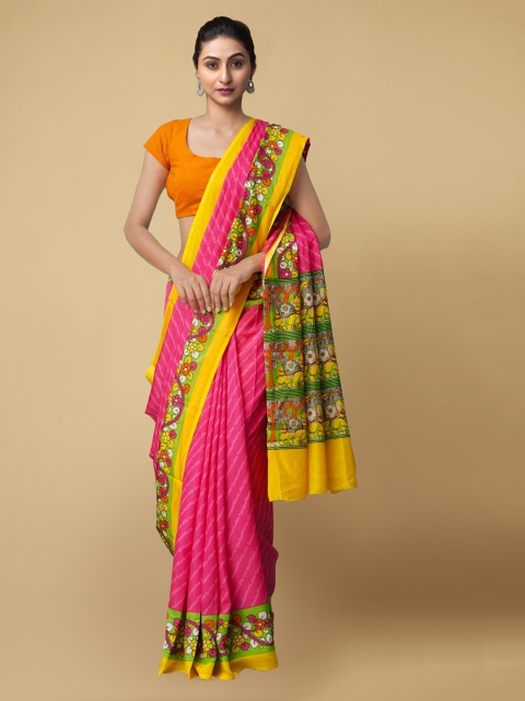 

Unnati Silks Pink & Yellow Striped Art Silk Pochampally Saree