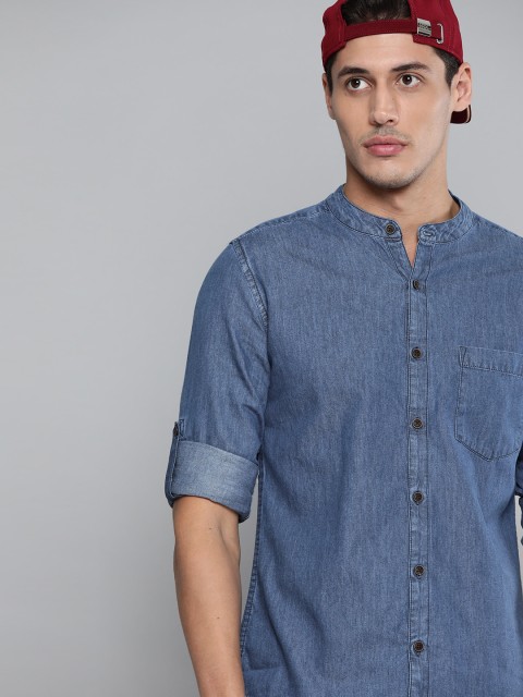 

Harvard Men Blue Pure Cotton Solid Denim Casual Shirt