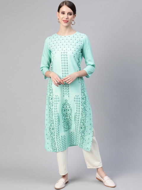 

AHIKA Women Turquoise Blue & Navy Blue Ethnic Motifs Printed Straight Kurta