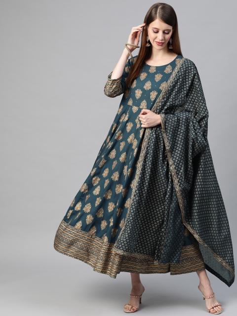 

AHIKA Women Teal Blue & Beige Printed Pleated Pure Cotton Kurta with Palazzos