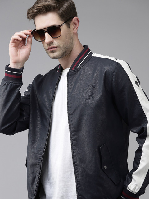 

U S Polo Assn Denim Co Men Navy Blue Embossed Print Varsity Jacket