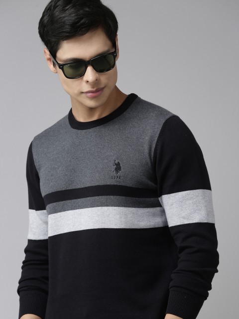 

U.S. Polo Assn. Men Black & Charcoal Grey Cotton Colourblocked Pullover