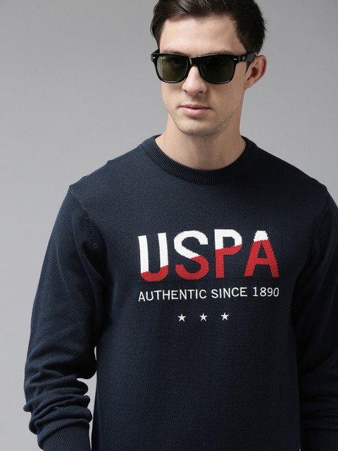 

U S Polo Assn Men Navy Blue & White Bramd Logo Printed Round Neck Pure Cotton Pullover
