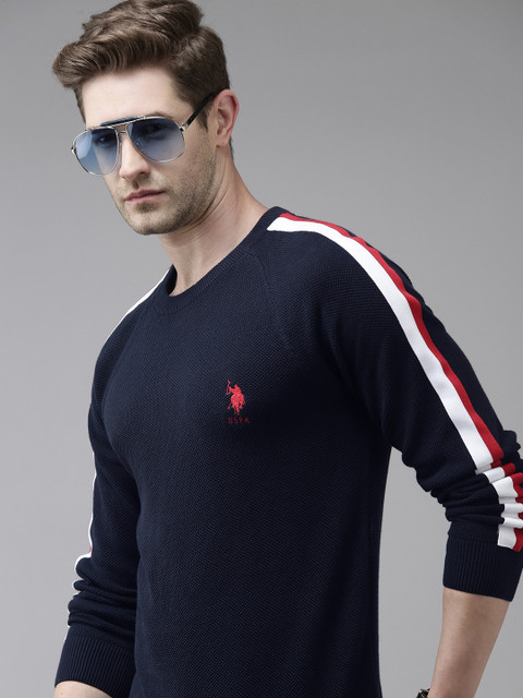 

U S Polo Assn Men Navy Blue Solid Pullover Sweater