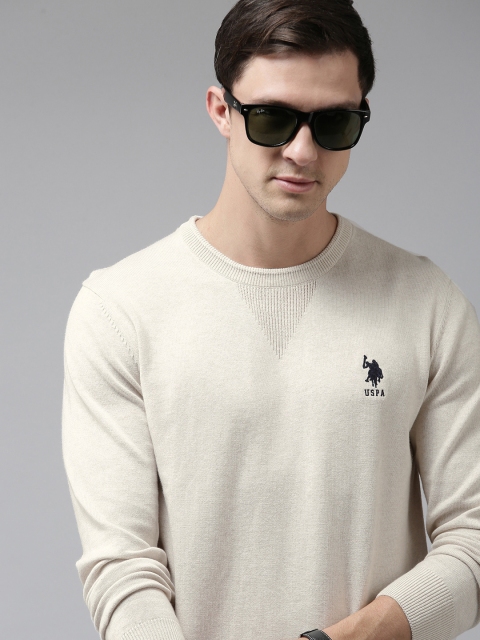 

U S Polo Assn Men White Brand Logo Embroidered Pure Cotton Rund Neck Pullover