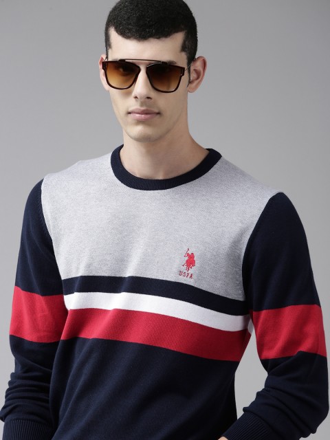 

U S Polo Assn Men Grey & Navy Blue Colourblocked Round Neck Pure Cotton Pullover Sweater