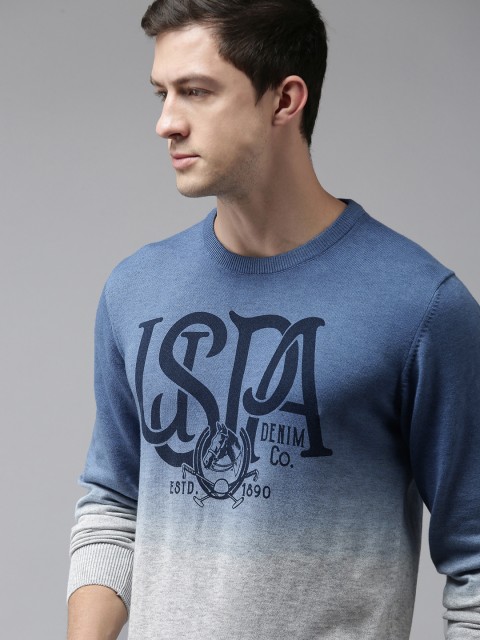 

U S Polo Assn Denim Co Men Blue & Grey Brand Logo Printed Pullover