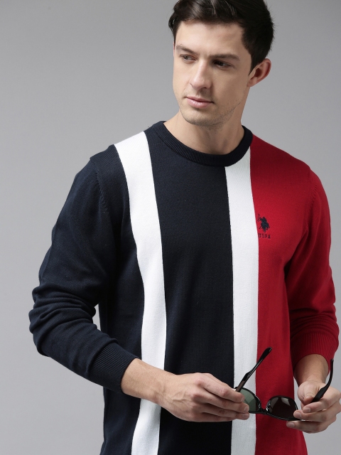 

U S Polo Assn Men Navy Blue & Red Colourblocked Round Neck Pure Cotton Pullover Sweater