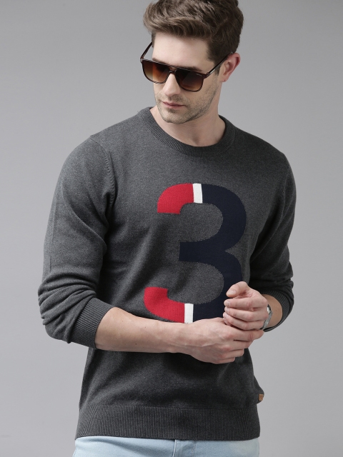 

U S Polo Assn Men Charcoal Grey Typography Printed Pullover Sweater