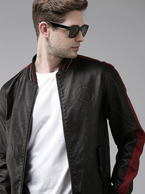 

U S Polo Assn Denim Co Men Black Embossed Print Varsity Jacket