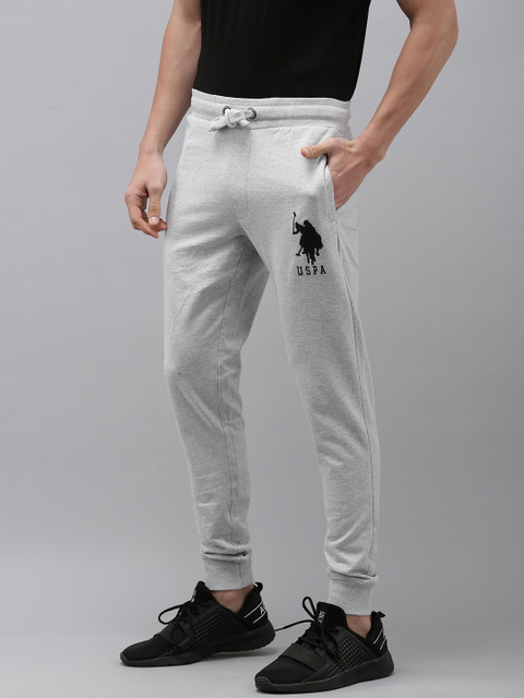 

U.S. Polo Assn Men Grey Melange Brand Logo Printed Slim Fit Pure Cotton Regular Joggers