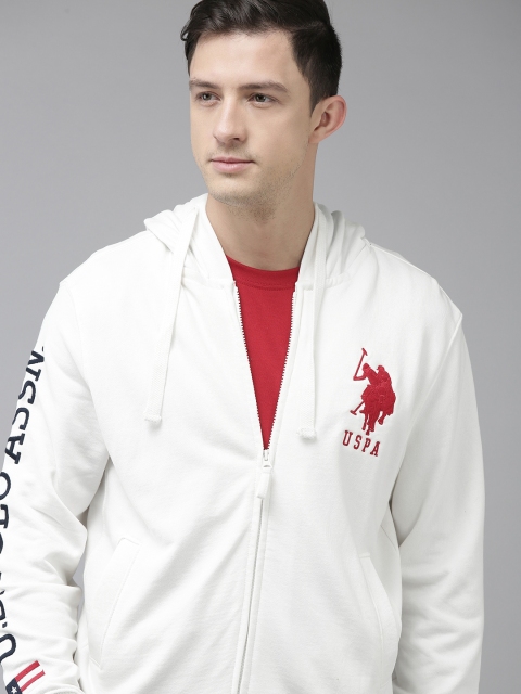 

U.S. Polo Assn. Men White Brand Logo Embroidered Pure Cotton Hooded Sweatshirt