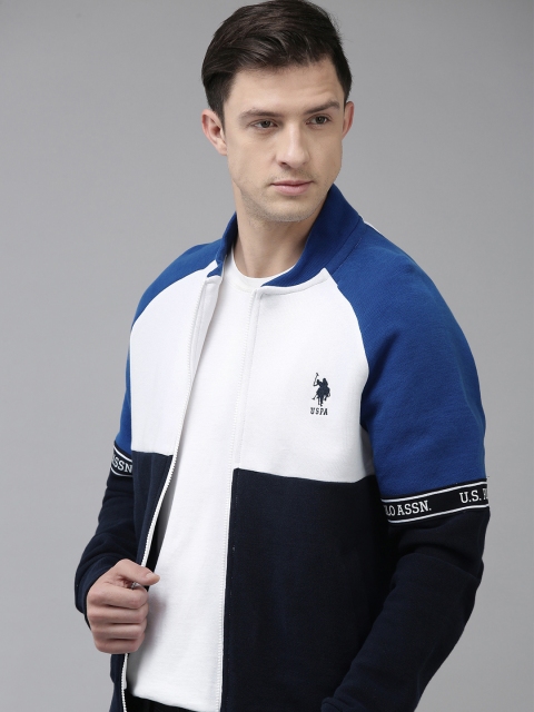 

U.S. Polo Assn. Men Navy Blue & White Colourblocked Sweatshirt with Logo Detail