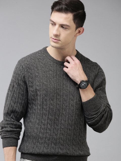 

U S Polo Assn Men Charcoal Grey Melange Cable Knit Pullover