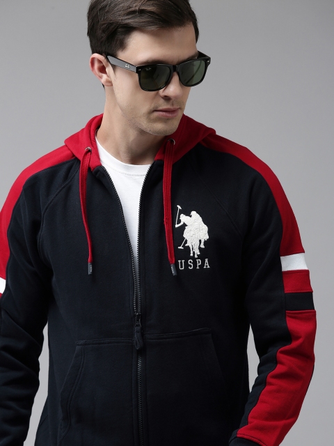 

U S Polo Assn Men Navy Blue Brand Logo Printed {Pure Cotton Hooded Sweatshirt