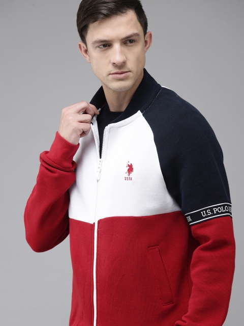 

U.S. Polo Assn. Men Red & White Colourblocked Sweatshirt with Logo Detail