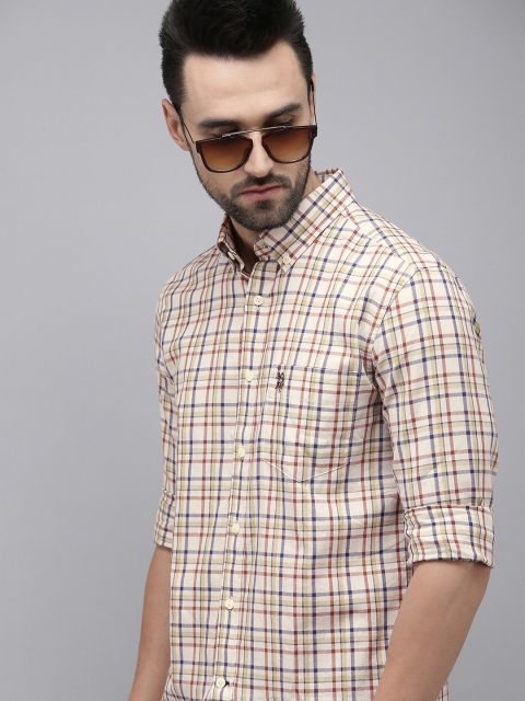 

U S Polo Assn Men Off White And Maroon Tailored Fit Checked Pure Cotton Casual Shirt