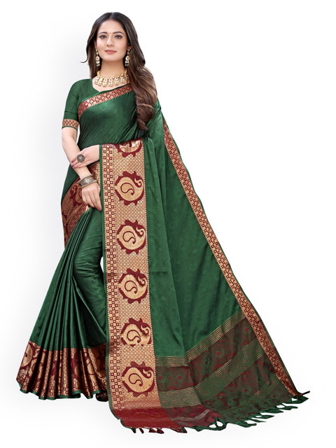 

KALINI Green & Gold-Toned Ethnic Motifs Zari Art Silk Saree