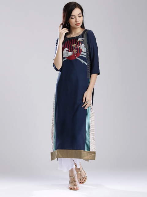 

W Women Navy Blue Printed Straight Kurta