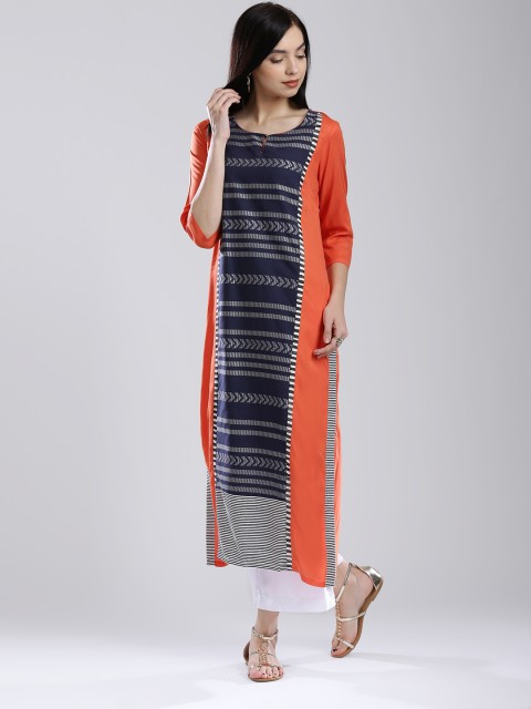 

W Women Orange & Navy Woven Design Kurta