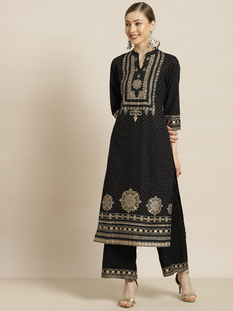 

Juniper Women Black Ethnic Motifs Foil Printed Sequinned Liva Kurta with Palazzos