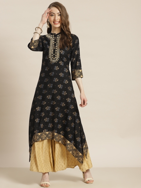 

Juniper Women Black & Golden Ethnic Motifs Foil Print Liva Mirror Work A-Line Kurta