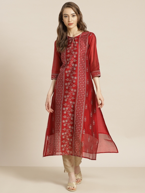

Juniper Women Maroon & Golden Ethnic Motifs Printed Keyhole Neck Chanderi Silk Kurta