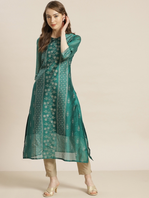 

Juniper Women Green & Gold-Toned Ethnic Motifs Printed Keyhole Neck Chanderi Silk Chanderi Silk Kurta