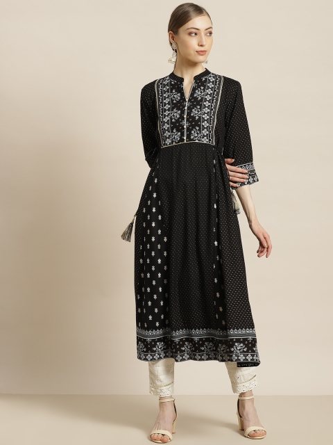 

Juniper Women Black & Off White Khari Printed Thread Work Liva A-Line Kurta