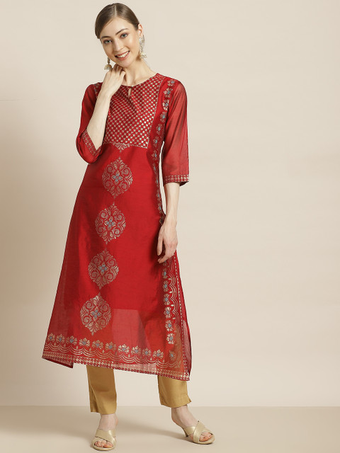 

Juniper Women Maroon & Golden Foil Printed Keyhole Neck A-Line Kurta
