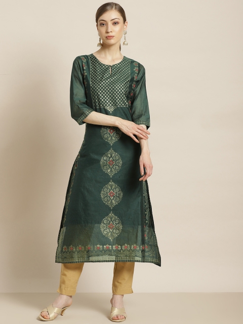 

Juniper Women Green & Golden Ethnic Motifs Foil Print Keyhole Neck Chanderi Silk Kurta