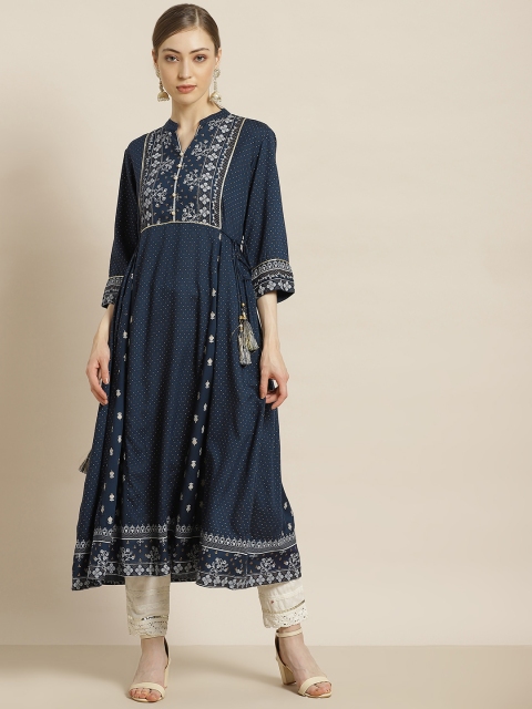 

Juniper Women Navy Blue & Off White Ethnic Motifs Khari Printed Liva Kurta