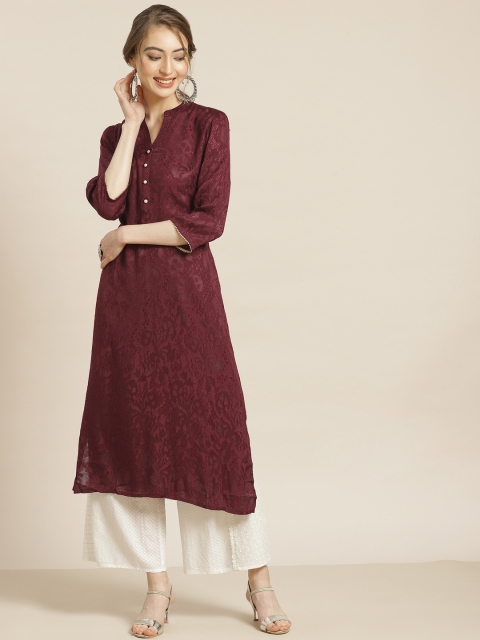 

Juniper Women Maroon Liva Jacquard Woven Design Straight Kurta