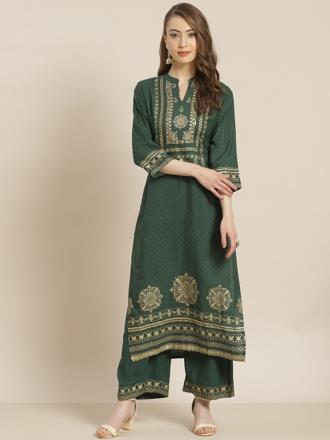 

Juniper Women Green & Golden Ethnic Motifs Printed Liva Kurta with Palazzos