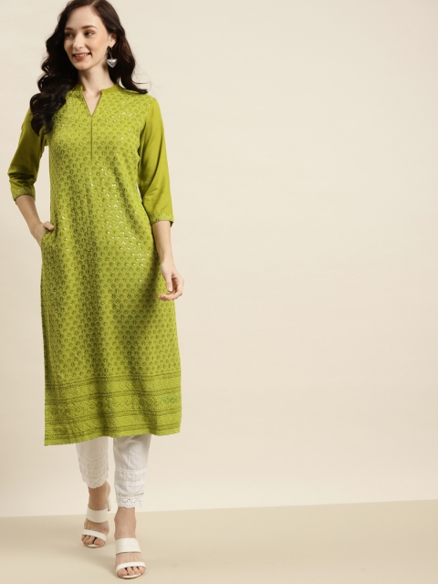 

Juniper Women Sea Green Embroidered Liva Kurta