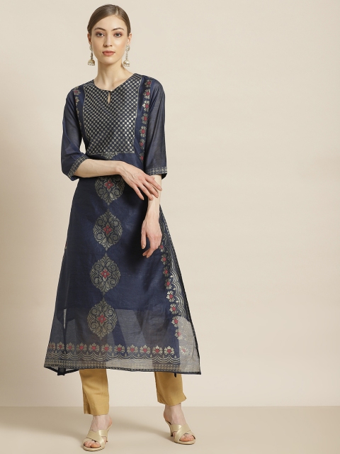 

Juniper Women Navy Blue & Golden Ethnic Motifs Foil Print Keyhole Neck Chanderi Silk Kurta