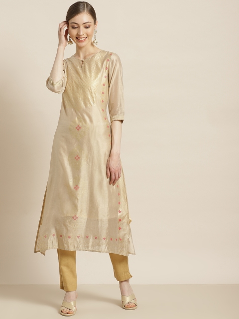 

Juniper Women Beige & Golden Ethnic Motifs Foil Printed Keyhole Neck Chanderi Silk Kurta