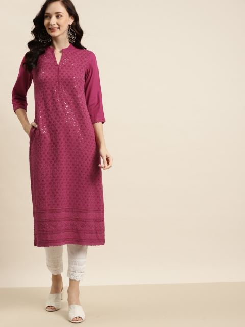 

Juniper Women Burgundy Embroidered Liva Kurta