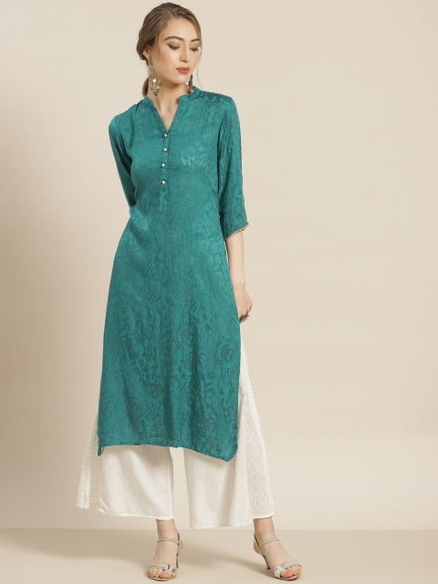 

Juniper Women Teal Green Liva Jacquard Woven Design Straight Kurta