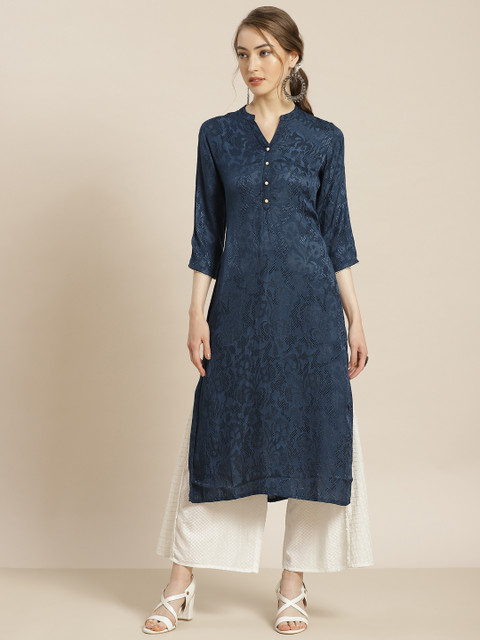 

Juniper Women Navy Blue Liva Jacquard Woven Design Straight Kurta