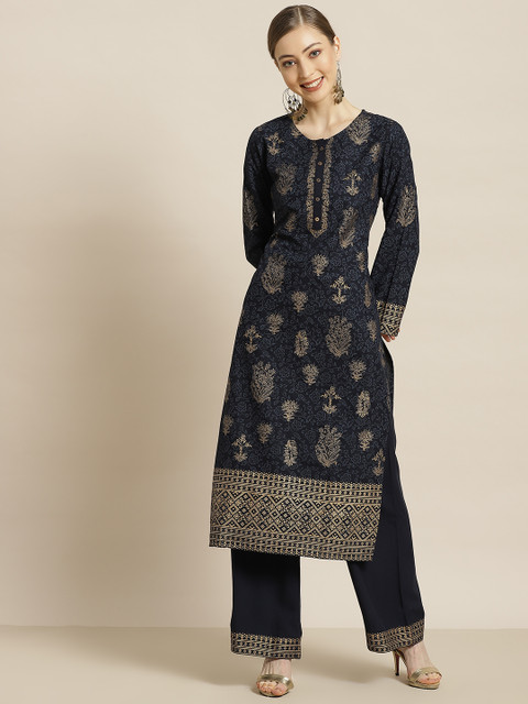 

Juniper Women Navy Blue Ethnic Motifs Foil Printed Liva Kurta with Palazzos