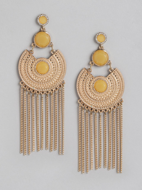 

Anouk Gold-Plated & Mustard Crescent Shaped Stone Studded & Beaded Classic Drop Earrings