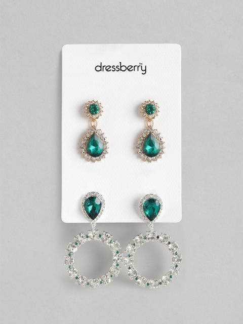 

DressBerry Set of 2 Stone Studded Drop Earrings, Gold