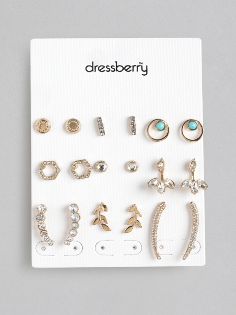 

DressBerry Women Set of 9 Gold-Plated Stone-Studded & Beaded Earrings