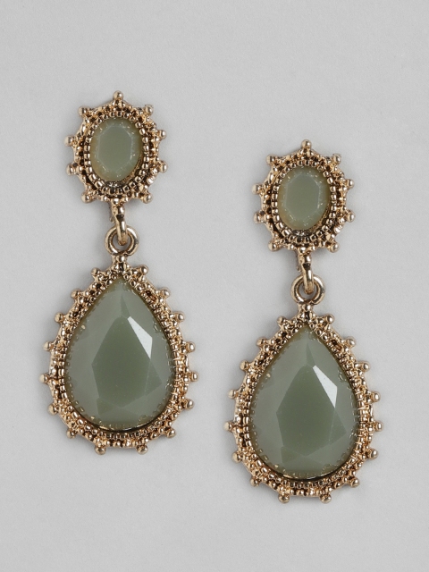 

DressBerry Olive Green Gold-Plated Beaded Teardrop Shaped Drop Earrings