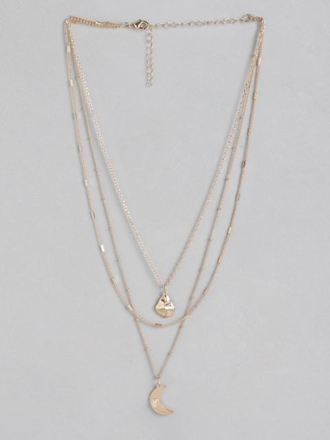 

DressBerry Gold-Toned Stone Studded Moon Charm Layered Link Necklace